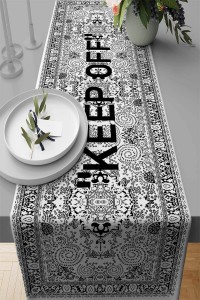 Beyaz Keep Off Desenli Premium Masa Örtüsü Runner RNR455 Beyaz Keep Off Desenli Premium Masa Örtüsü Runner RNR455