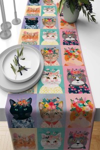 Çok Renkli Kedili Premium Masa Örtüsü Runner RNR457 Çok Renkli Kedili Premium Masa Örtüsü Runner RNR457