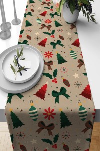 Bej Yeni Yıl Temalı Premium Masa Örtüsü Runner RNR541 Bej Yeni Yıl Temalı Premium Masa Örtüsü Runner RNR541
