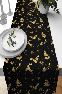 Siyah Christmas Desen Premium Masa Örtüsü Runner RNR547 Siyah Christmas Desen Premium Masa Örtüsü Runner RNR547