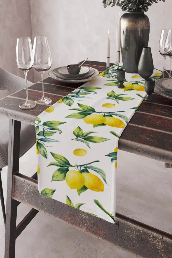 Balkon Masası Runner Sarı Limon Desenli Premium Masa Örtüsü Runner RNR081