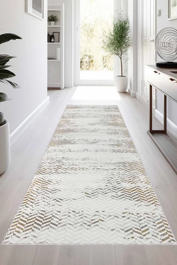 Modern Kesme Yolluk Modelleri Bej Kaymaz Taban Zigzag Kesme Rulo Özel Ölçülü Yolluk VH121