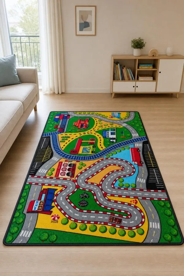 Trafik Temalı Yol Ve Yarış Pisti Desenli Çocuk Odası Halısı Çocuk odasında serili çok renkli trafik temalı çocuk odası halısı, kıvrımlı yol, tren rayı ve araç figürleriyle görülüyor