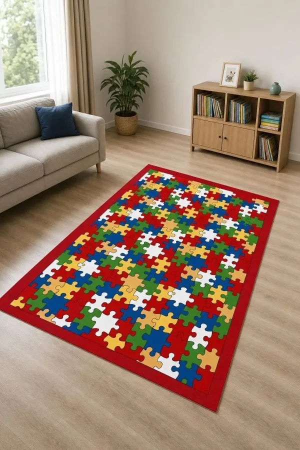 Çocuk Odası İçin Çok Renkli Yapboz Desenli Dikdörtgen Halı Kırmızı çerçeveli mavi, yeşil, sarı ve beyaz yapboz parçalı çocuk odası halısı