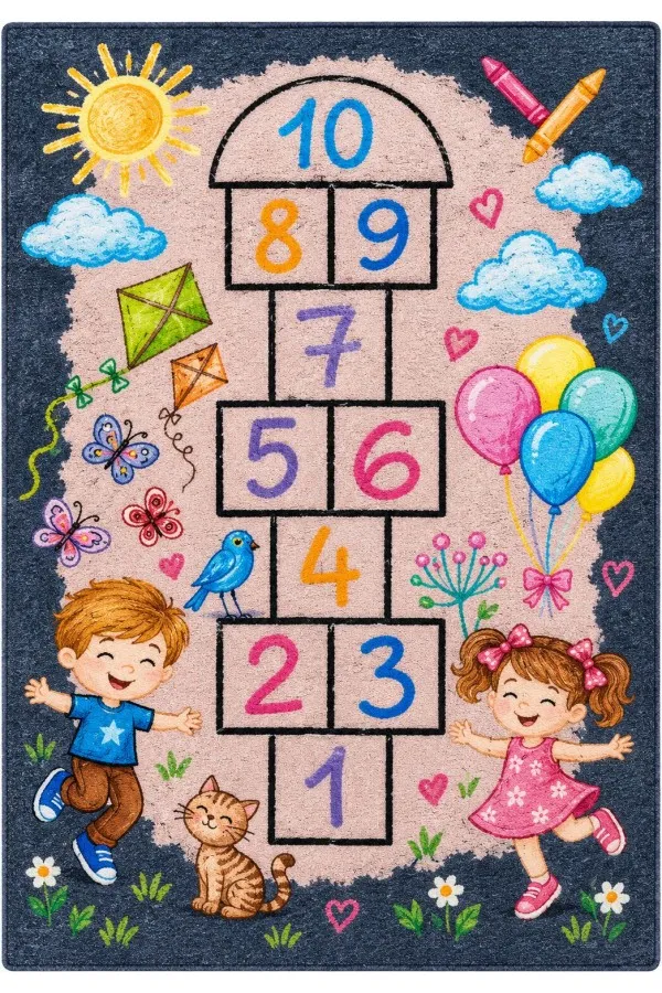 Çok Renkli Seksek Desenli Çocuk Odası Halısı Ve Kedi Figürü Çok renkli çocuk odası halısında 1'den 10'a seksek, çocuk, kedi, balon ve uçurtma figürleri
