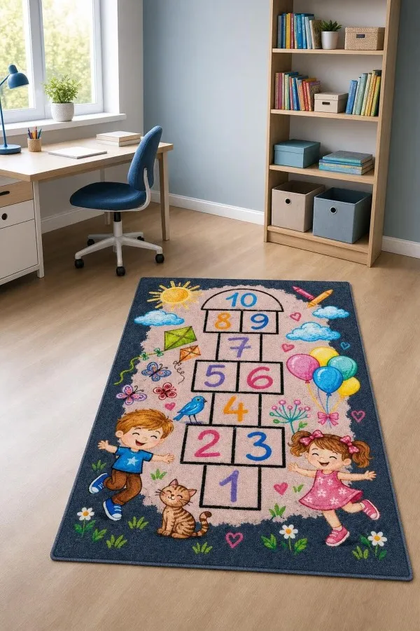 Çok Renkli Seksek Desenli Çocuk Odası Halısı Ve Kedi Figürü Çok renkli çocuk odası halısında 1'den 10'a seksek, çocuk, kedi, balon ve uçurtma figürleri