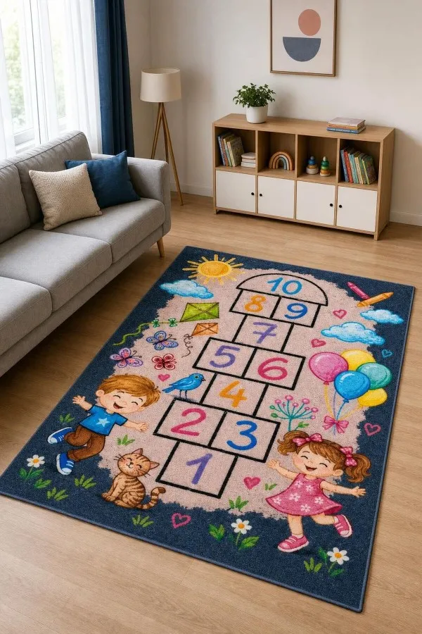 Çok Renkli Seksek Desenli Çocuk Odası Halısı Ve Kedi Figürü Çok renkli çocuk odası halısında 1'den 10'a seksek, çocuk, kedi, balon ve uçurtma figürleri