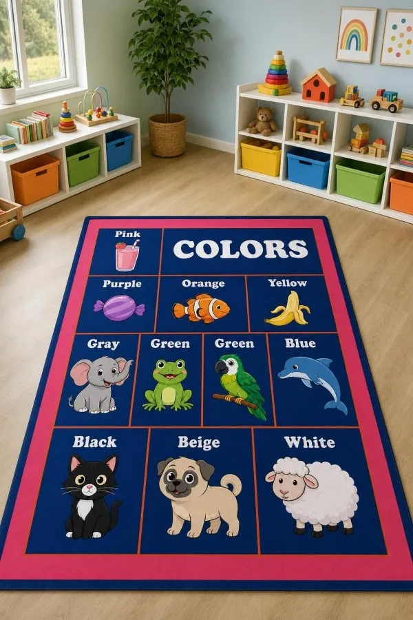 Mavi Kutulu Hayvan Figürlü Çocuk Odası Halısı Desen Detayı Mavi çocuk odası halısında pembe çerçeve, ingilizce renk adları ve hayvan figürlü kutular yer alır