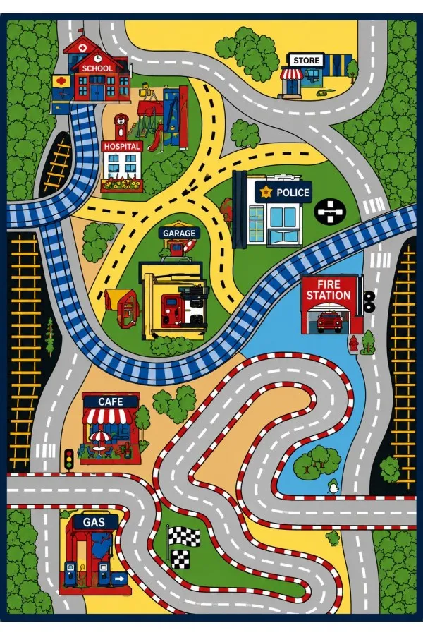 Çok renkli çocuk odası halısında kıvrımlı yollar, demiryolu şeritleri ve şehir yapıları yer alır