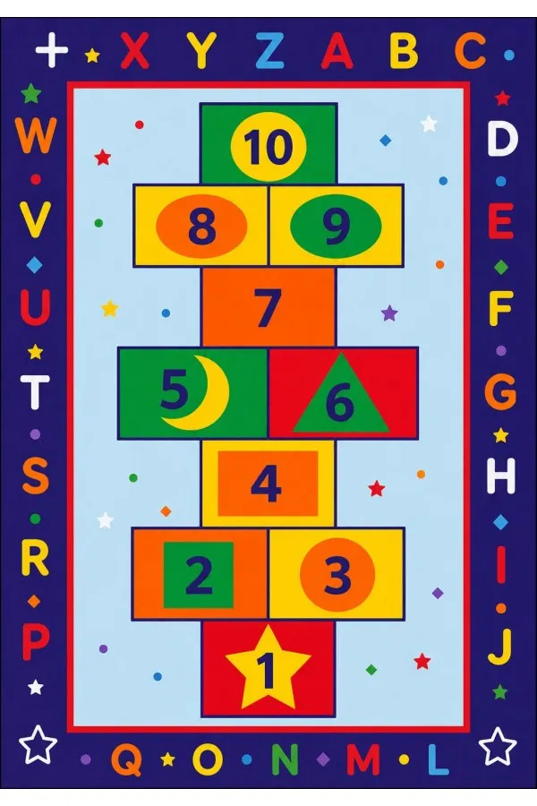 Çok Renkli Seksek Ve Geometrik Desenli Çocuk Odası Halısı Çok renkli seksek oyun halısında numaralı kutular, alfabe harfleri, yıldızlar ve geometrik şekiller yer alır