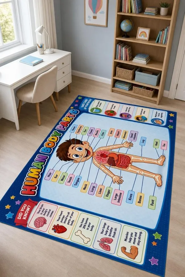 İnsan Anatomisi Temalı Çok Renkli Çocuk Odası Halısı Lacivert çerçeveli çocuk odası halısında insan figürü, organ çizimleri, iskelet ve ingilizce etiketler yer alır