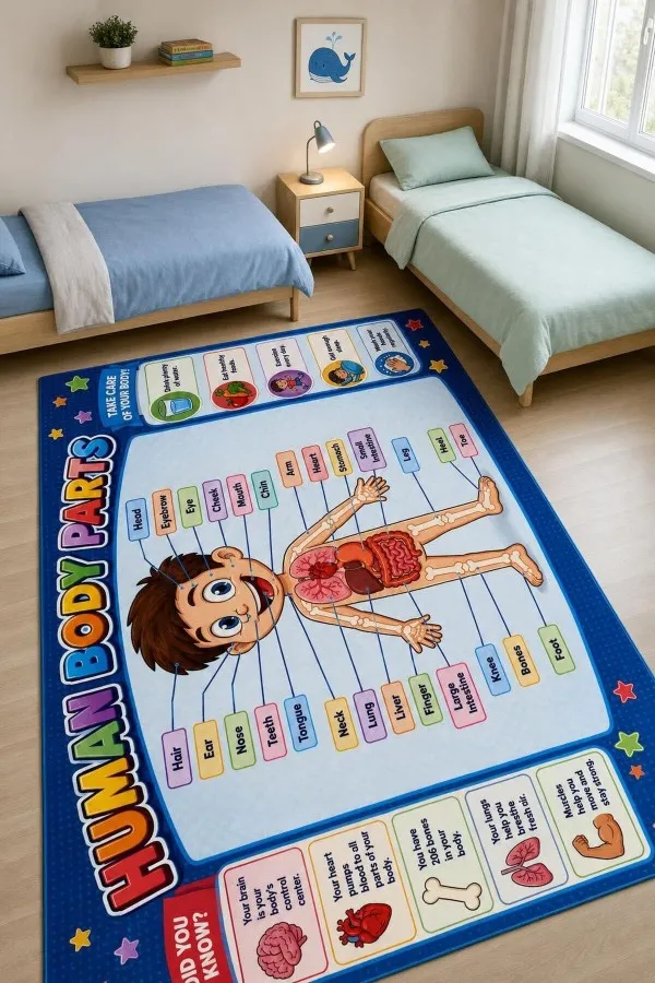 İnsan Anatomisi Temalı Çok Renkli Çocuk Odası Halısı Lacivert çerçeveli çocuk odası halısında insan figürü, organ çizimleri, iskelet ve ingilizce etiketler yer alır