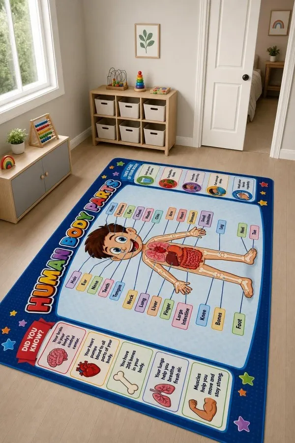 İnsan Anatomisi Temalı Çok Renkli Çocuk Odası Halısı Lacivert çerçeveli çocuk odası halısında insan figürü, organ çizimleri, iskelet ve ingilizce etiketler yer alır