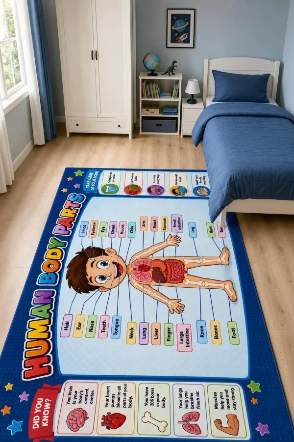 İnsan Anatomisi Temalı Çok Renkli Çocuk Odası Halısı Lacivert çerçeveli çocuk odası halısında insan figürü, organ çizimleri, iskelet ve ingilizce etiketler yer alır