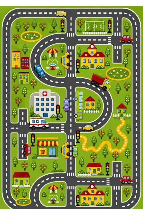 Çok renkli çocuk odası oyun halısında yol ağı, kavşaklar, araçlar, binalar ve trafik ışıkları yer alır