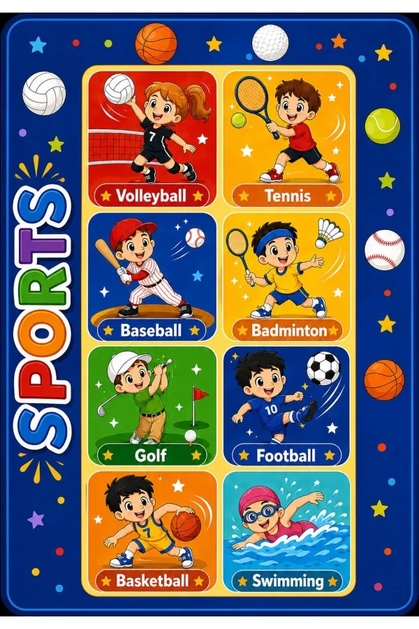Spor Panelli Çok Renkli Çocuk Odası Halısı Ve Sports Yazısı Koyu mavi çerçeveli çocuk odası halısında sporcu karakterler, spor topları, yıldızlar ve sports yazılı renkli paneller