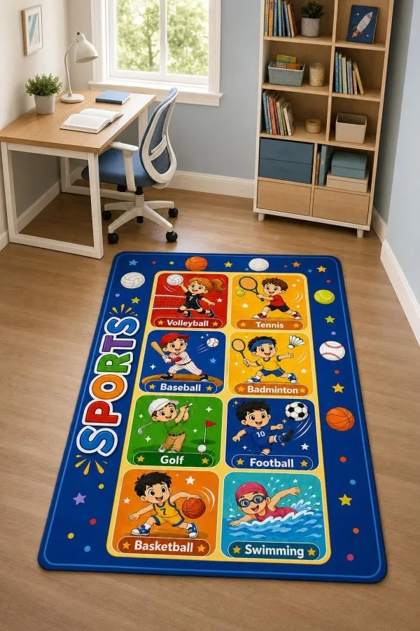 Spor Panelli Çok Renkli Çocuk Odası Halısı Ve Sports Yazısı Koyu mavi çerçeveli çocuk odası halısında sporcu karakterler, spor topları, yıldızlar ve sports yazılı renkli paneller