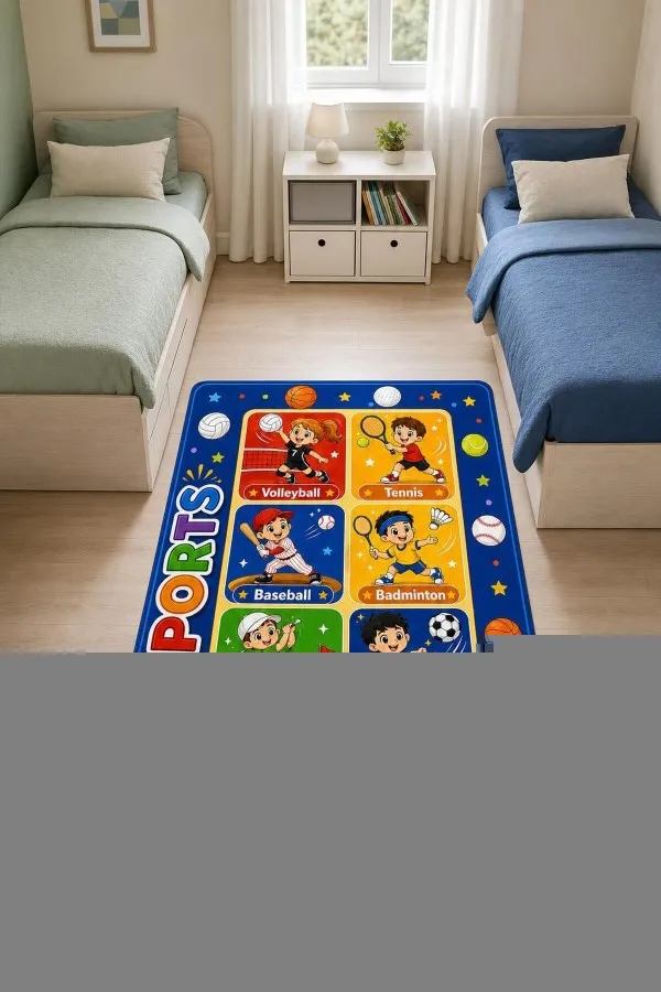 Spor Panelli Çok Renkli Çocuk Odası Halısı Ve Sports Yazısı Koyu mavi çerçeveli çocuk odası halısında sporcu karakterler, spor topları, yıldızlar ve sports yazılı renkli paneller
