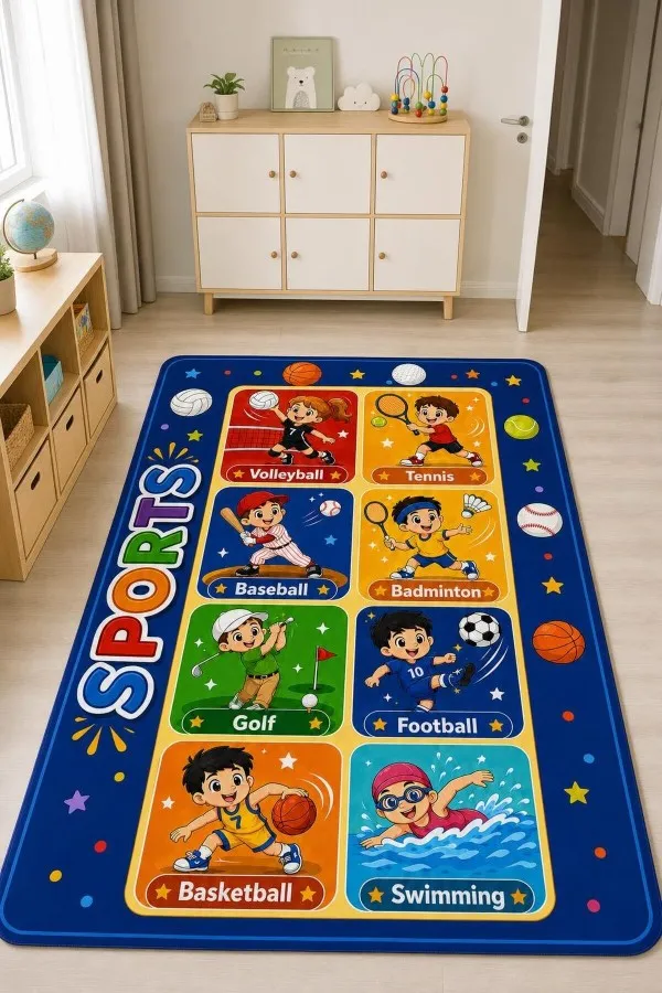 Spor Panelli Çok Renkli Çocuk Odası Halısı Ve Sports Yazısı Koyu mavi çerçeveli çocuk odası halısında sporcu karakterler, spor topları, yıldızlar ve sports yazılı renkli paneller