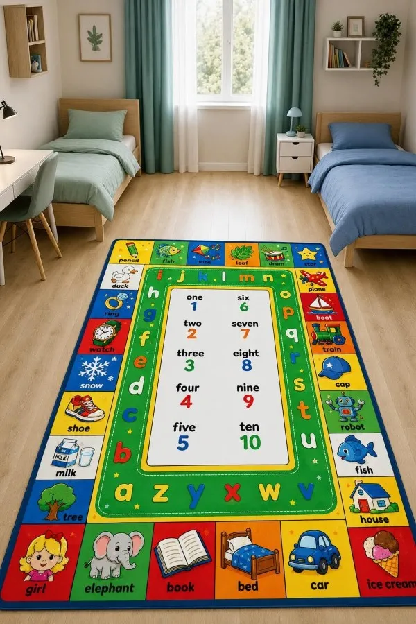 Sayı Alfabe Ve Resimli Kart Panelli Çok Renkli Çocuk Odası Halısı Çok renkli çocuk odası halısında 1 10 sayıları alfabe harfleri ve hayvan taşıt nesne çizimleri yer alır