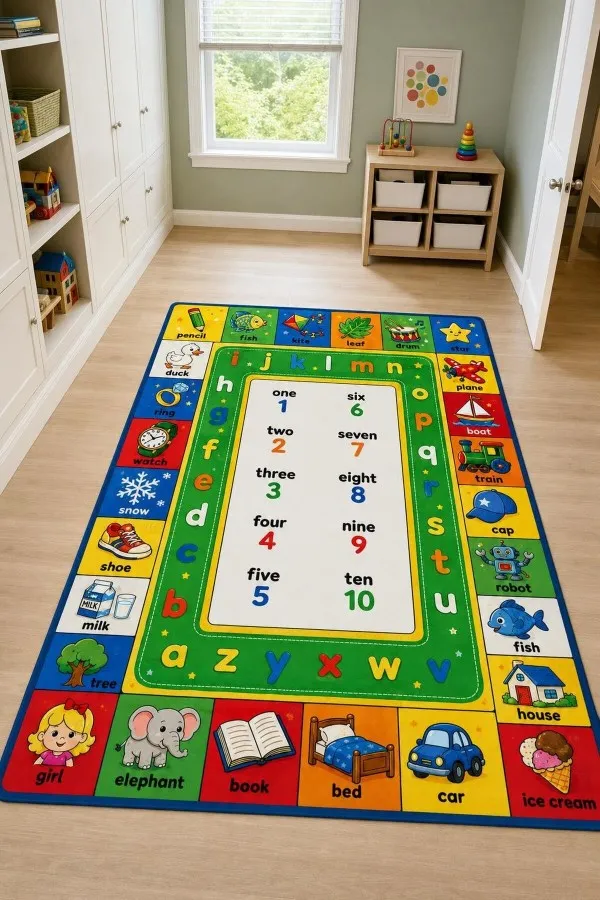 Sayı Alfabe Ve Resimli Kart Panelli Çok Renkli Çocuk Odası Halısı Çok renkli çocuk odası halısında 1 10 sayıları alfabe harfleri ve hayvan taşıt nesne çizimleri yer alır
