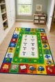 Sayı Alfabe Ve Resimli Kart Panelli Çok Renkli Çocuk Odası Halısı Çok renkli çocuk odası halısında 1 10 sayıları alfabe harfleri ve hayvan taşıt nesne çizimleri yer alır