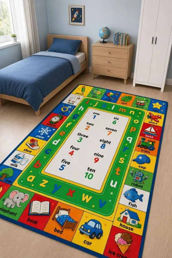 Sayı Alfabe Ve Resimli Kart Panelli Çok Renkli Çocuk Odası Halısı Çok renkli çocuk odası halısında 1 10 sayıları alfabe harfleri ve hayvan taşıt nesne çizimleri yer alır