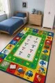 Sayı Alfabe Ve Resimli Kart Panelli Çok Renkli Çocuk Odası Halısı Çok renkli çocuk odası halısında 1 10 sayıları alfabe harfleri ve hayvan taşıt nesne çizimleri yer alır