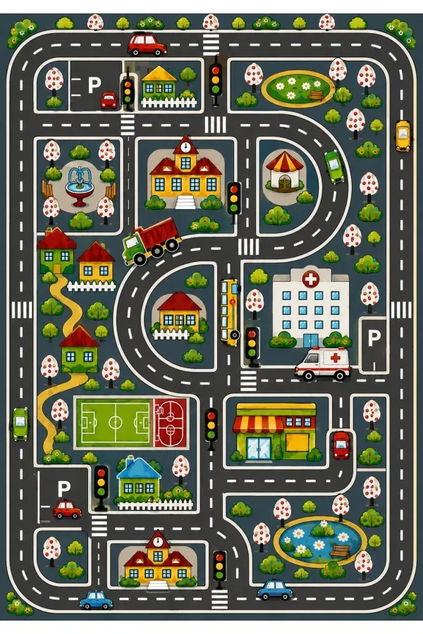 Şehir Yolları Ve Araç Figürlü Çocuk Odası Oyun Halısı Lacivert çocuk odası oyun halısı üzerinde şehir yolları, okul, hastane, park ve araç figürleri