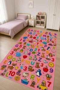 Pembe Hayvan Desenli Dijital Baskılı Çocuk Halısı VH290