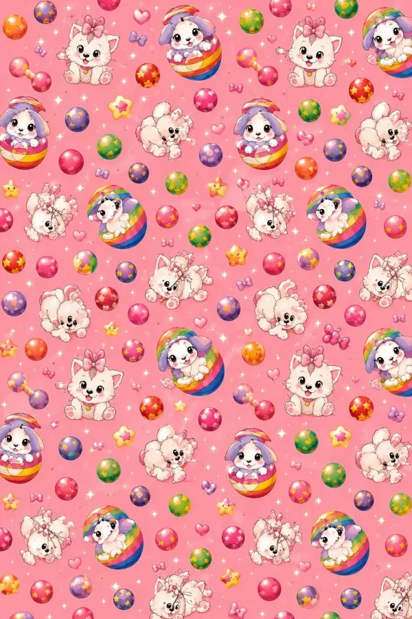 Pembe zeminli kedi köpek, gökkuşağı, top ve yıldız motifli dikdörtgen çocuk odası halısı