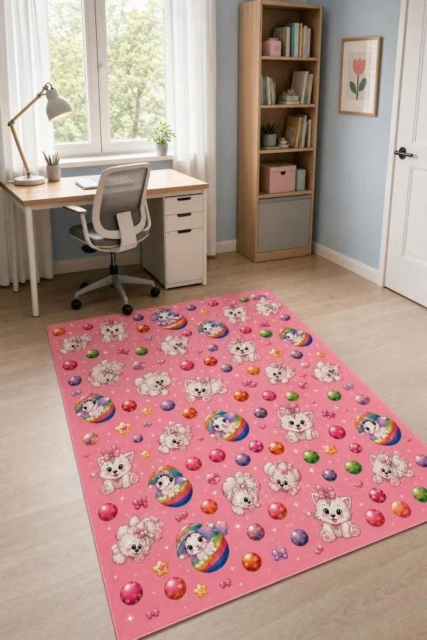 Pembe zeminli kedi köpek, gökkuşağı, top ve yıldız motifli dikdörtgen çocuk odası halısı
