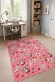 Pembe zeminli kedi köpek, gökkuşağı, top ve yıldız motifli dikdörtgen çocuk odası halısı