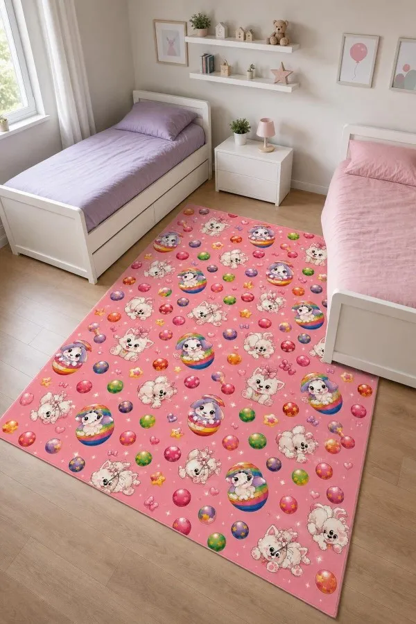 Pembe zeminli kedi köpek, gökkuşağı, top ve yıldız motifli dikdörtgen çocuk odası halısı