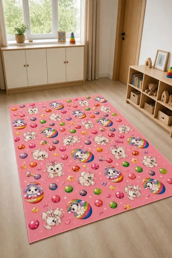 Pembe zeminli kedi köpek, gökkuşağı, top ve yıldız motifli dikdörtgen çocuk odası halısı