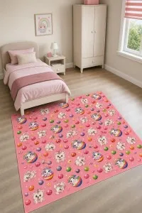 Pembe Kedi Köpek Desenli Dijital Baskılı Çocuk Halısı VH292 Pembe Kedi Köpek Desenli Dijital Baskılı Çocuk Halısı VH292