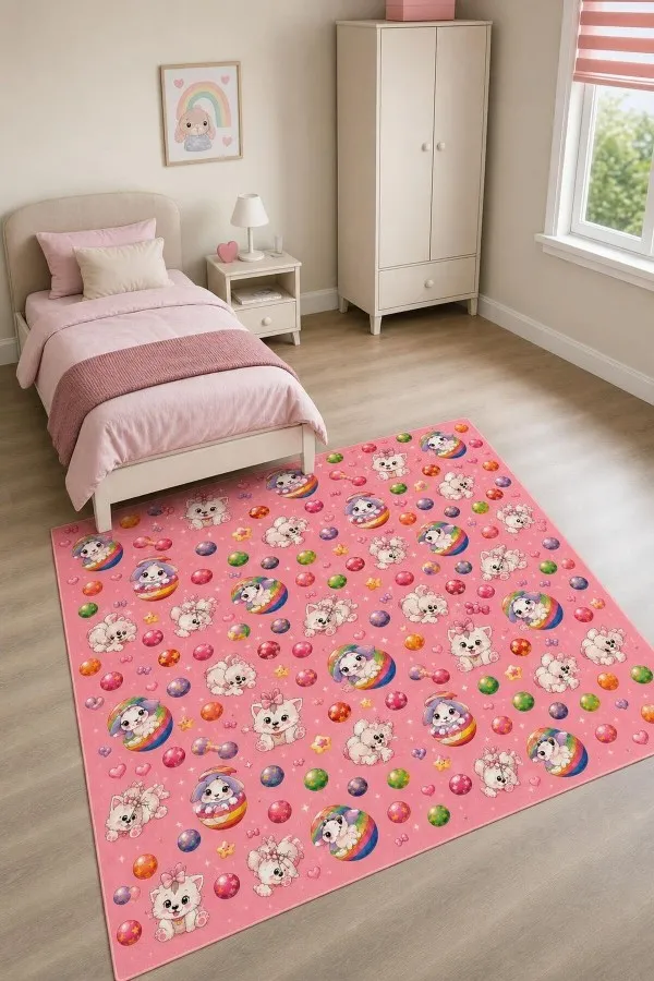 Pembe zeminli kedi köpek, gökkuşağı, top ve yıldız motifli dikdörtgen çocuk odası halısı