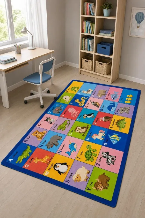 Alfabe Sayı Ve Hayvan Figürlü Çok Renkli Çocuk Odası Halısı Çok renkli kare panellerde alfabe, sayılar, hayvan çizimleri ve lacivert çerçeveli çocuk odası halısı
