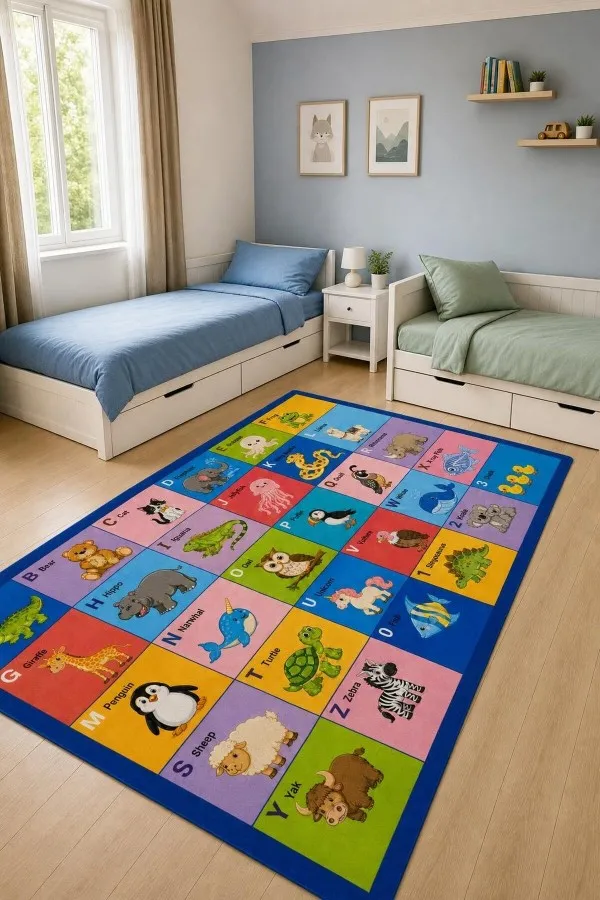 Alfabe Sayı Ve Hayvan Figürlü Çok Renkli Çocuk Odası Halısı Çok renkli kare panellerde alfabe, sayılar, hayvan çizimleri ve lacivert çerçeveli çocuk odası halısı