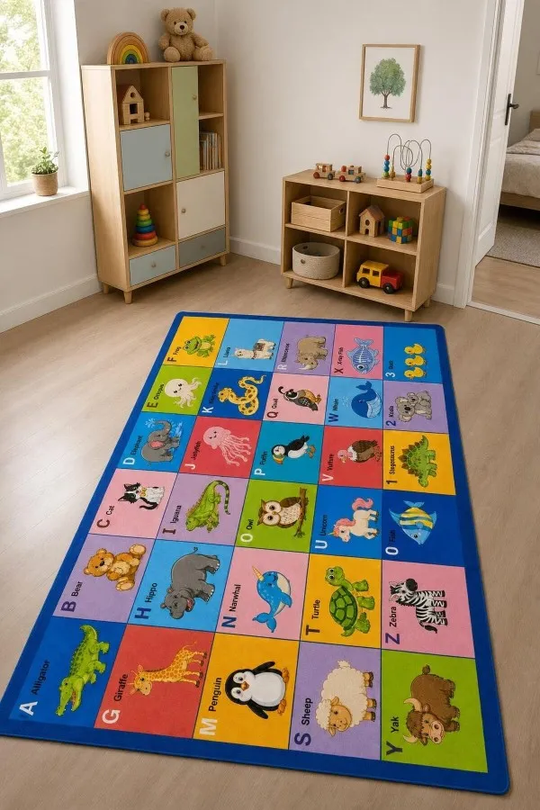 Alfabe Sayı Ve Hayvan Figürlü Çok Renkli Çocuk Odası Halısı Çok renkli kare panellerde alfabe, sayılar, hayvan çizimleri ve lacivert çerçeveli çocuk odası halısı