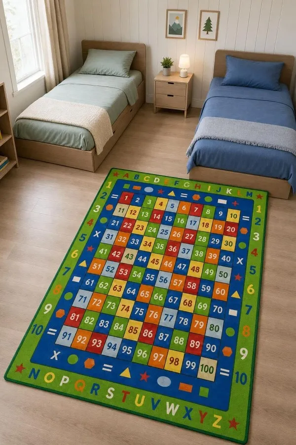 Çok renkli çocuk odası halısında alfabe, 1'den 100'e sayı tablosu, şekiller ve işlem sembolleri yer alır