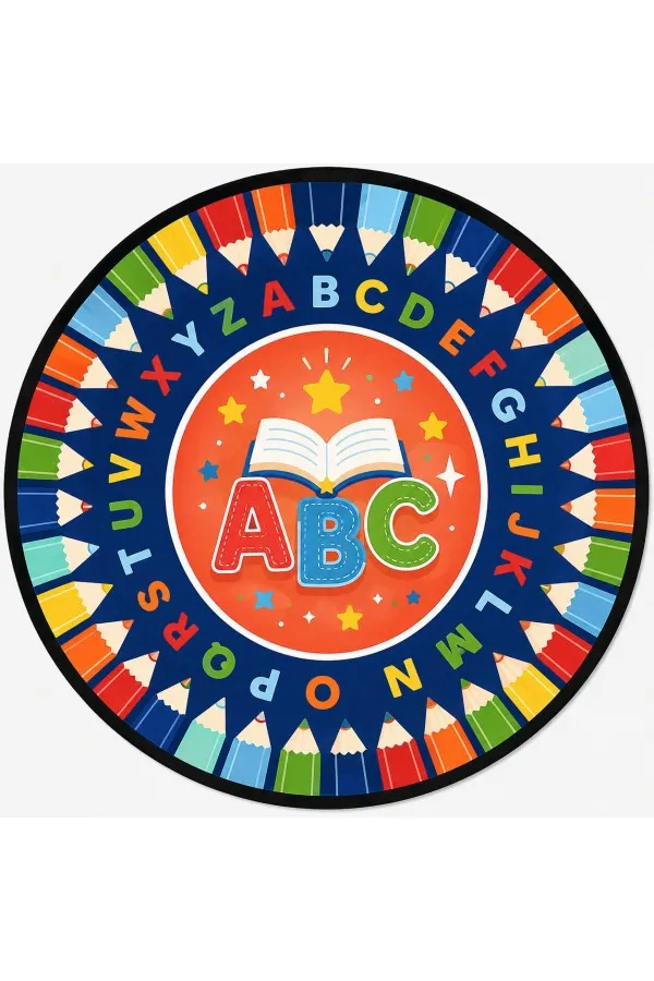Çok renkli yuvarlak çocuk odası halısında abc harfleri, açık kitap, alfabe halkası ve boya kalemi motifleri