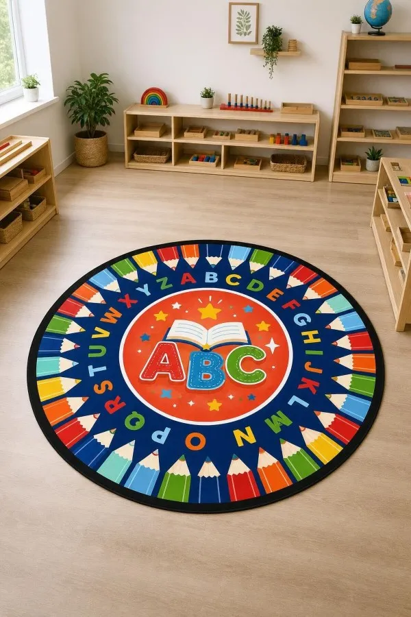 Çok renkli yuvarlak çocuk odası halısında abc harfleri, açık kitap, alfabe halkası ve boya kalemi motifleri