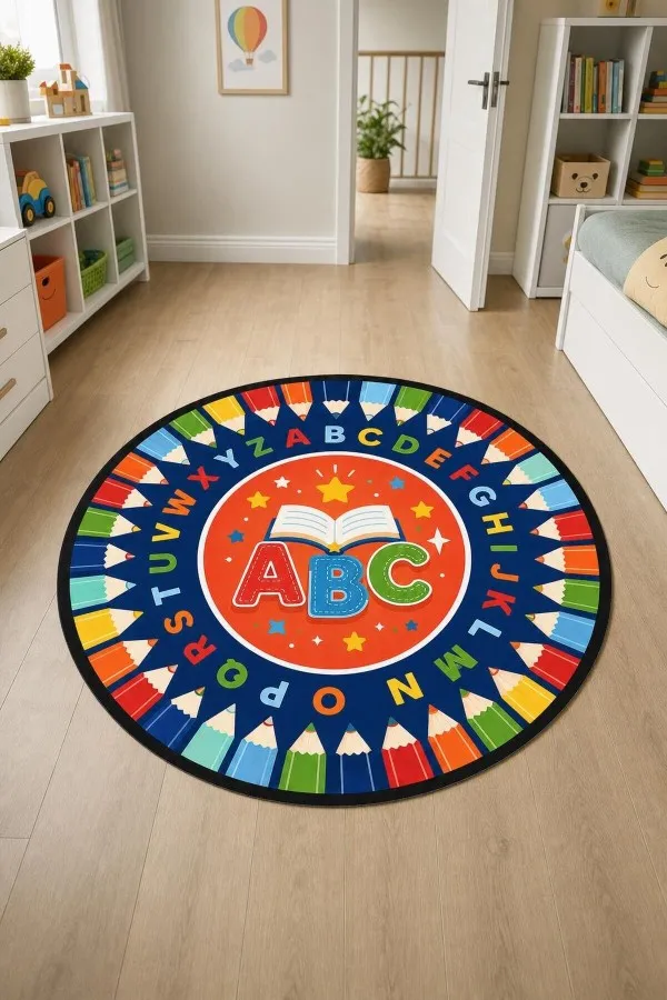 Çok renkli yuvarlak çocuk odası halısında abc harfleri, açık kitap, alfabe halkası ve boya kalemi motifleri