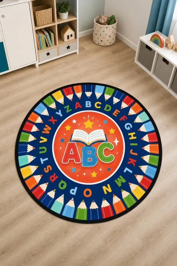 Çok renkli yuvarlak çocuk odası halısında abc harfleri, açık kitap, alfabe halkası ve boya kalemi motifleri