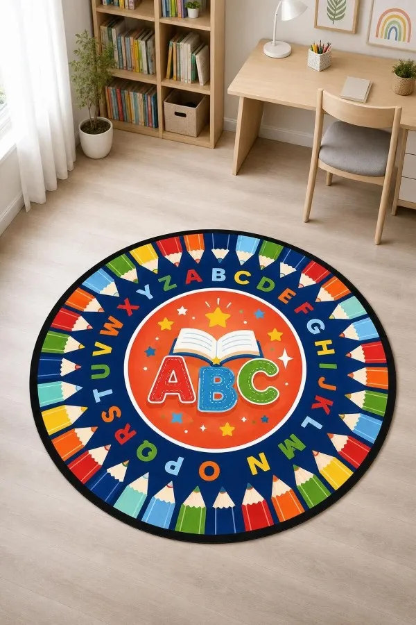 Çok renkli yuvarlak çocuk odası halısında abc harfleri, açık kitap, alfabe halkası ve boya kalemi motifleri