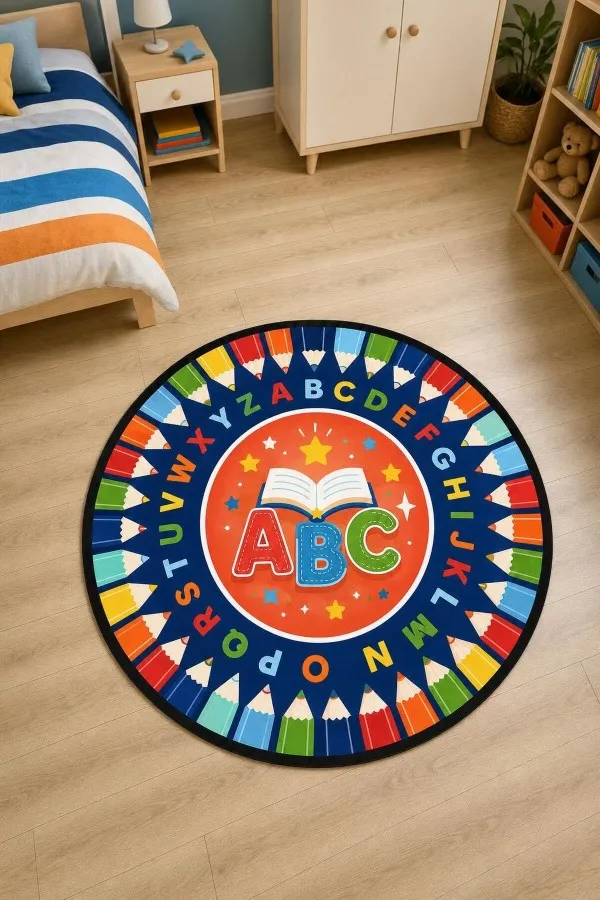Çok renkli yuvarlak çocuk odası halısında abc harfleri, açık kitap, alfabe halkası ve boya kalemi motifleri