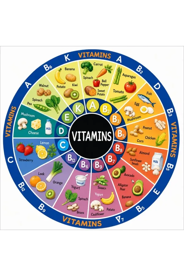 Merkezinde vıtamıns yazısı, vitamin harfleri ve besin çizimleri bulunan mavi yuvarlak çocuk odası halısı