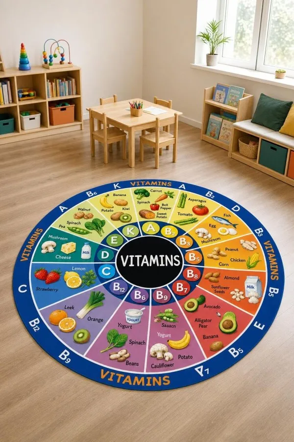 Merkezinde vıtamıns yazısı, vitamin harfleri ve besin çizimleri bulunan mavi yuvarlak çocuk odası halısı