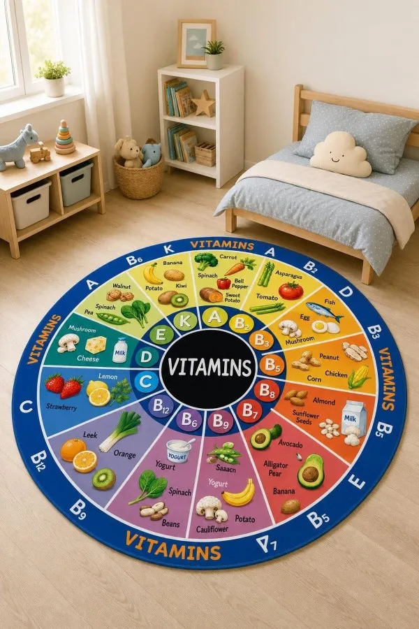 Merkezinde vıtamıns yazısı, vitamin harfleri ve besin çizimleri bulunan mavi yuvarlak çocuk odası halısı